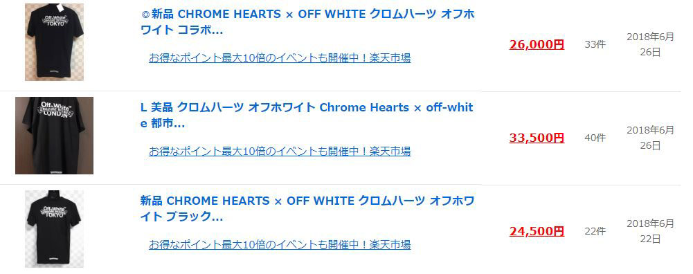 クロムハーツ×オフホワイトコラボレーションモデルの販売相場画像